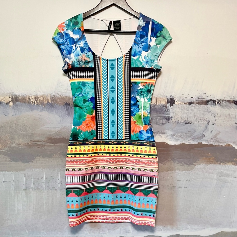 FIRE Los Angeles Bodycon Mini-Dress Women S Aztec Floral Stretch Sheath Clubwear